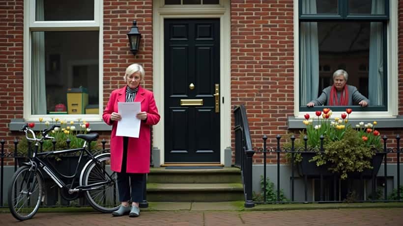 Nederlandse vrouw met juridische brief bij voordeur van rij rijtjeswoning, buurman kijkt mee
