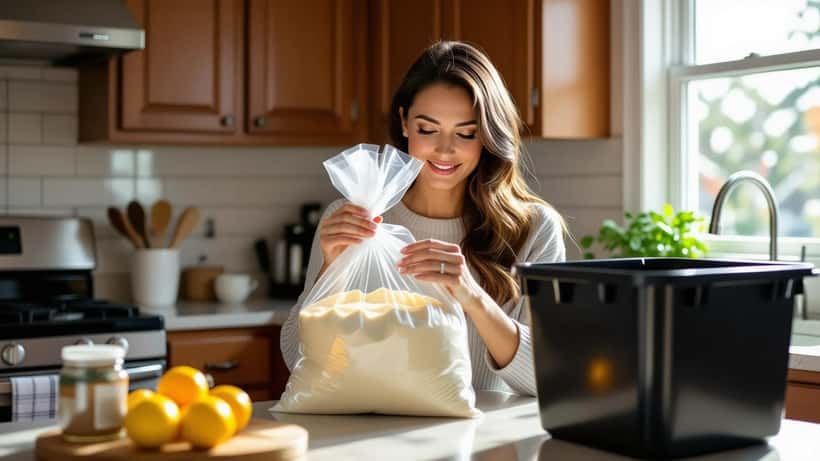 Woman checking alfredo sauce recall label against FDA alert in kitchen