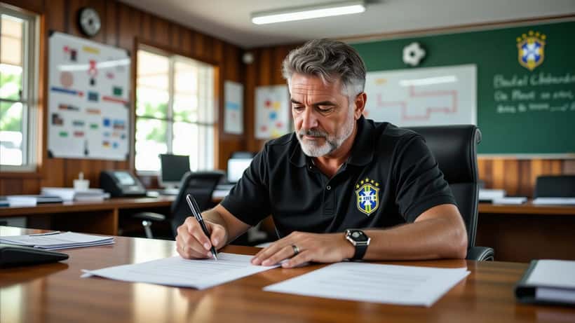 Técnico assina contrato em sala administrativa de clube de futebol em Porto Alegre