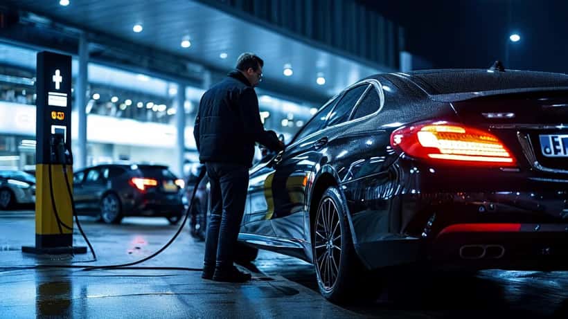 Kfz-Meister berät Kunden an elektrischer Mercedes C-Klasse EQ im Autohaus