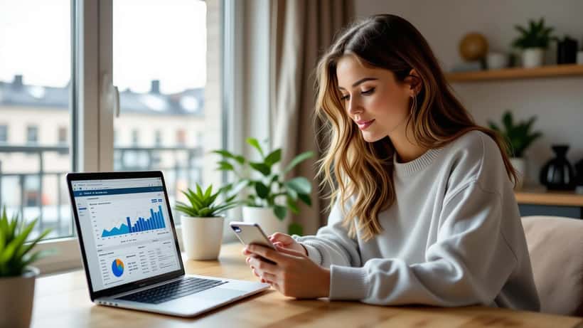 Ung kvinna vid skrivbord i Stockholm med telefon med sociala medie-statistik och budgetark på laptop