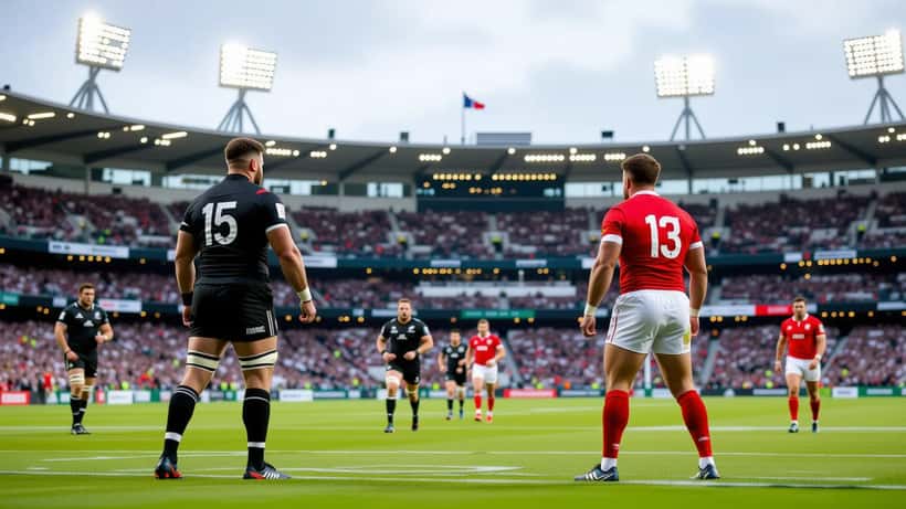Match de rugby Nouvelle-Zélande contre Belgique 2026 dans un stade illuminé