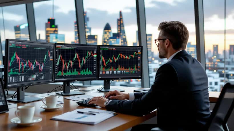 Financial adviser reviewing S&P 500 record-high charts on trading screens in a City of London office