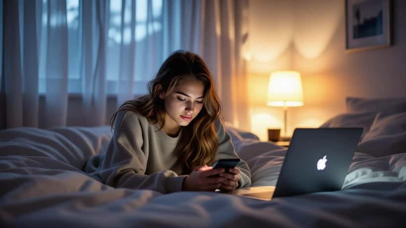Teen looking anxiously at glowing smartphone screen in dark bedroom, threatening social media message visible