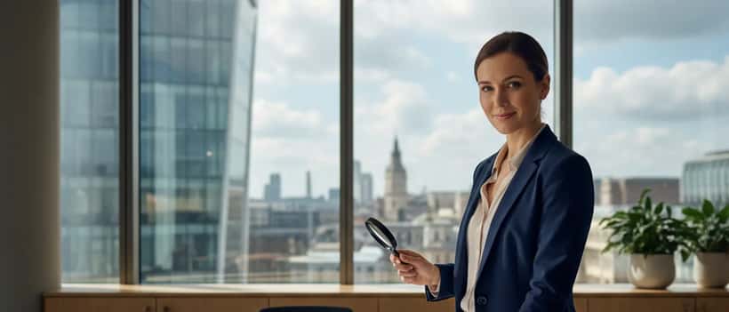 British solicitor reviewing international law documents in a London office