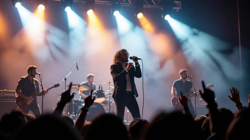 Palco di un concerto rock in Italia con luci drammatiche e pubblico entusiasta, Bonnie Tyler tour 2026
