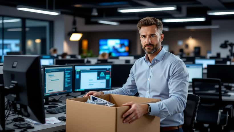 TV news producer packing a box at a darkened Australian newsroom desk after 10 News+ weeknight cancellation