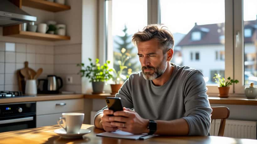 Deutscher Mann schaut auf Samsung Galaxy Smartphone mit Software-Update Benachrichtigung