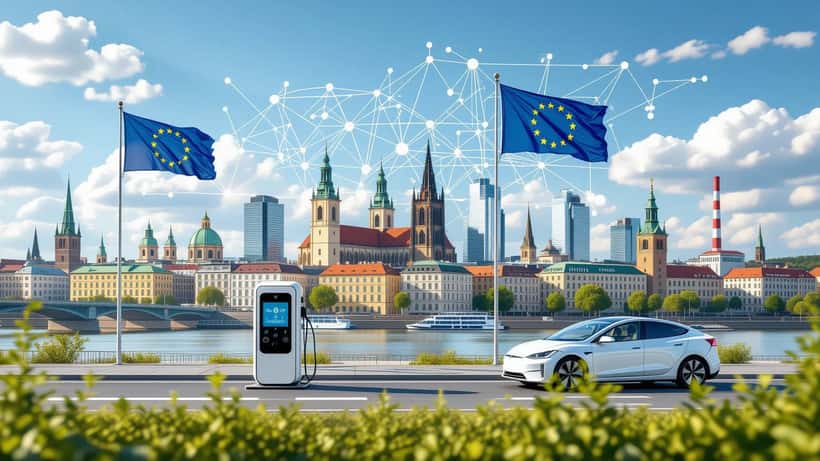Skyline empresarial de Bratislava com ícones de inovação e investimento europeu
