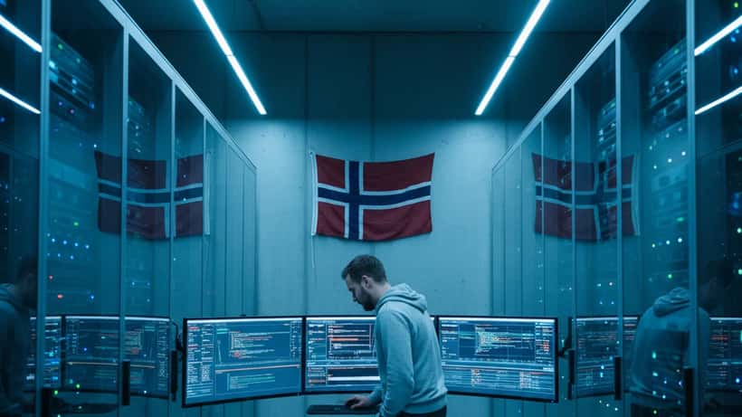 Norsk IT-ingeniør overvåker sikkerhetsmonitorer i et moderne datasenter med serverstativer