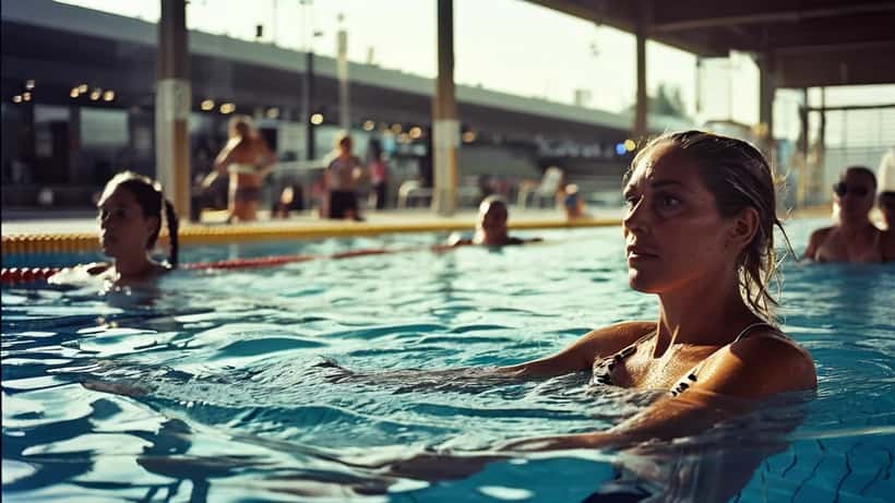 Bagnino che soccorre una nuotatrice in difficoltà al bordo di una piscina interna, con defibrillatore AED visibile