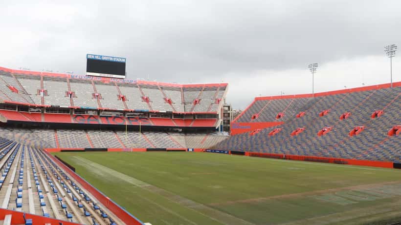 Steve Spurrier standing at Florida Field at Ben Hill Griffin Stadium