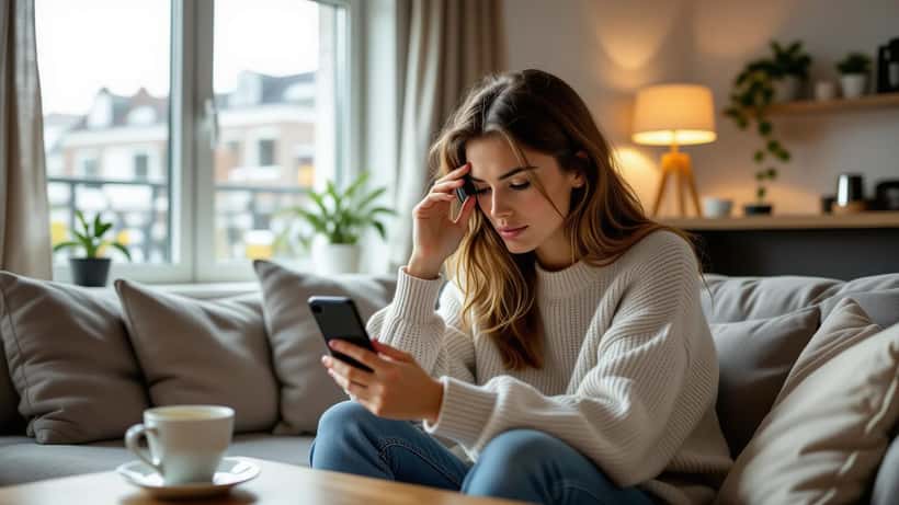 Jonge vrouw kijkt gestrest naar haar telefoon met een vastgelopen sociale-media-app