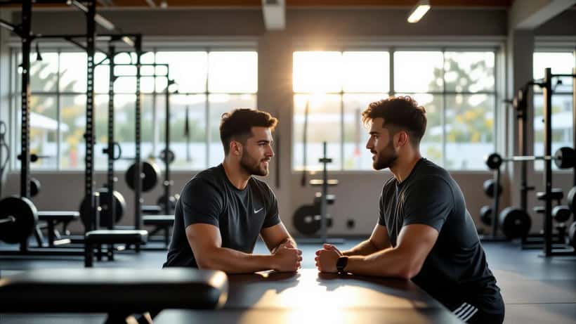 Psicólogo do desporto a conversar com um jovem atleta num pavilhão de treino em Portugal
