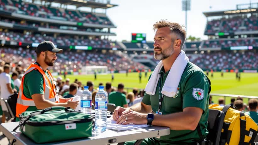 Socorrista a aplicar toalha fria no pescoço de adepto com golpe de calor junto ao estádio do Mundial 2026 em Filadélfia