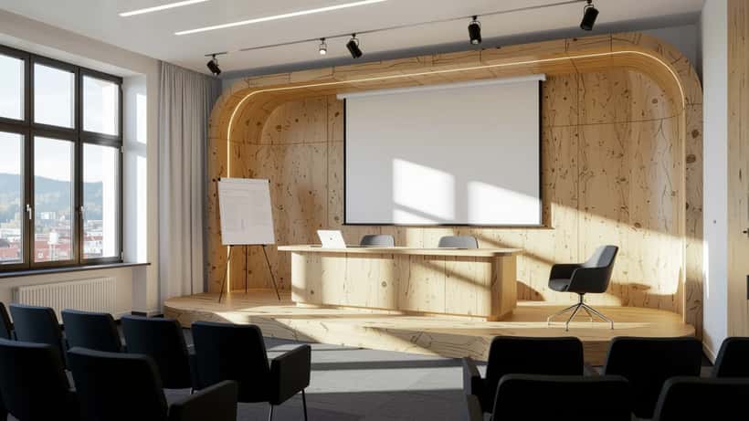 Moderne Konferenzbühne mit Podium und Tribüne in einem österreichischen Veranstaltungssaal