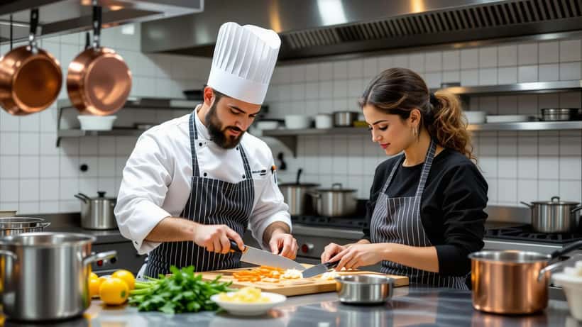 Instrutor de culinária ensinando técnica de corte a aluno em cozinha profissional de São Paulo