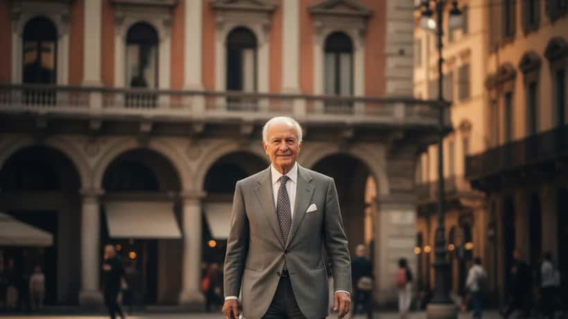 Anziano medico italiano cammina energico in una piazza milanese soleggiata