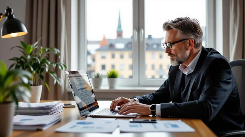 Svensk affärsman läser misstänkt mejl på bärbar dator i hemmakontor med BankID-app och finansdokument på skrivbordet