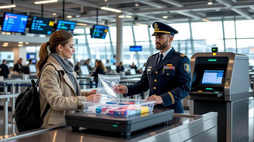 Voyageur au contrôle de sécurité d'un aéroport suisse déposant liquides et ordinateur dans un bac devant un scanner CT 3D