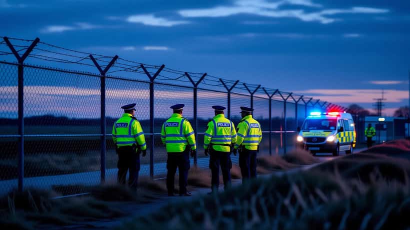 UK police officers at a military base perimeter fence at night in Cambridgeshire with blue emergency lights