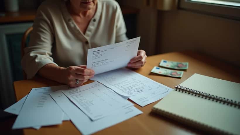 Donna italiana esamina documenti bancari e ricevute di investimento su un tavolo da cucina, con banconote euro visibili