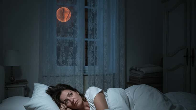 Femme allongée dans son lit la nuit, lumière de la pleine lune filtrant à travers les rideaux, insomnie