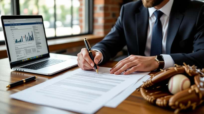 Abogado revisa un contrato de béisbol de las Grandes Ligas junto a una pelota y documentos legales en una oficina