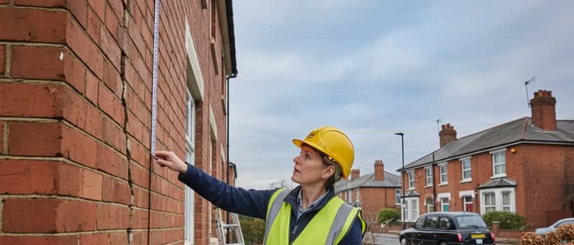 Structural engineer inspecting home foundation cracks with clipboard and measuring tools, UK residential property exterior