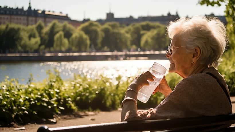 Äldre kvinna dricker vatten i sommarvärmen i Stockholm