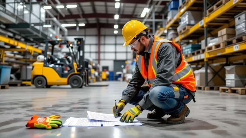 Ispettore del lavoro esamina documenti di sicurezza in un impianto industriale con carrello elevatore giallo sullo sfondo