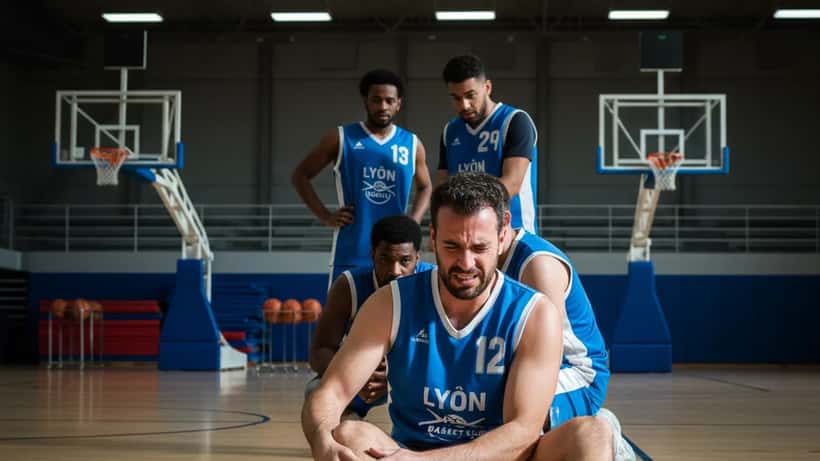 Basketteur amateur assis sur le parquet d'une salle de sport à Lyon, tenant sa cheville blessée après un match