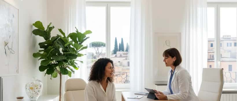 Donna italiana in consulto ginecologico in studio medico moderno a Roma
