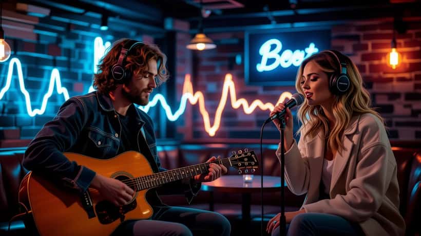 Sam Fender and Olivia Dean in a split-screen 2026 music studio scene connected by a glowing soundwave