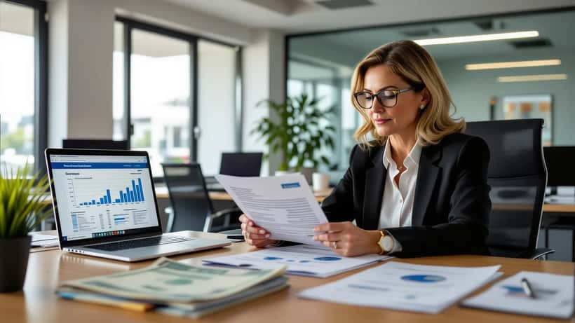 Mulher portuguesa revê documentos de certificados de aforro num escritório de consultoria financeira em Lisboa