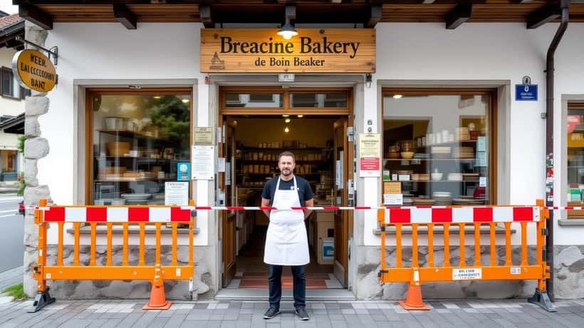 Boulanger devant sa boulangerie bloquée par des barrières de chantier à Steinen, Suisse, avec un cartable juridique visible