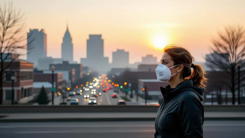 Smoky orange sky over the Columbus Ohio skyline as a woman in an N95 mask stands on a sidewalk during a wildfire smoke air quality alert