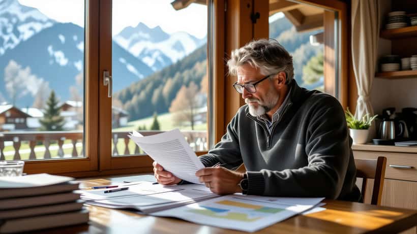 Homme consultant des documents d'opposition administrative sur une table de cuisine avec vue sur les Alpes de Schwyz