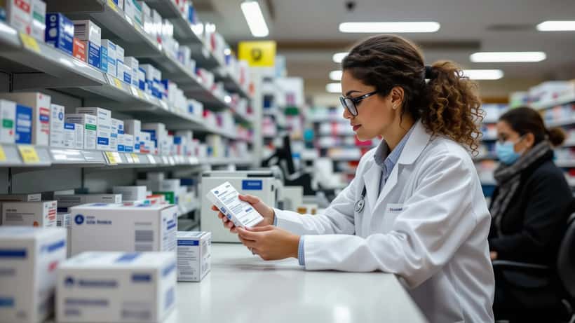Pharmacienne remettant une boîte de comprimés d'iode stable au comptoir d'une officine