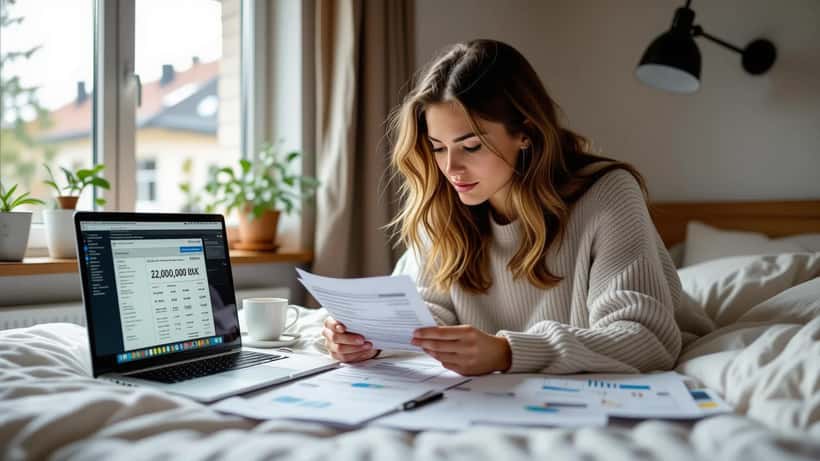 Student i Göteborg granskar CSN-lånedokument och återbetalningskalkyl på laptop