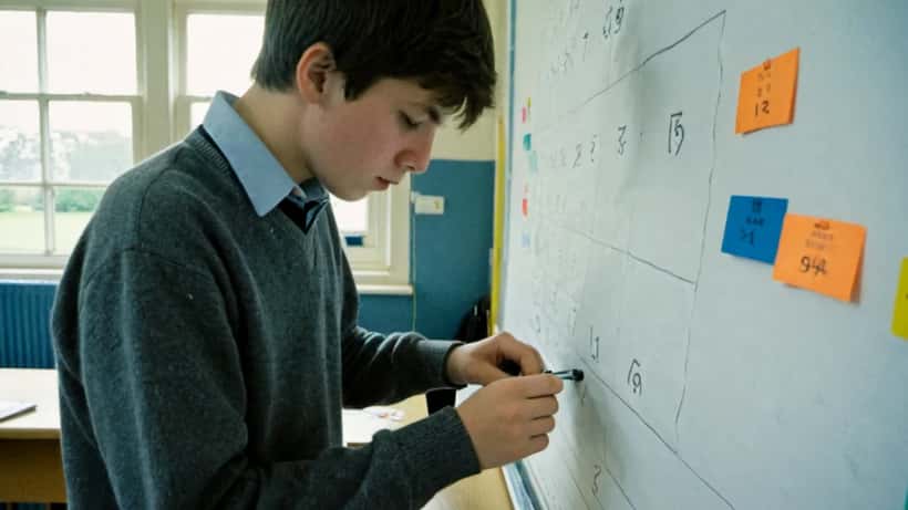 Secondary school student solving a creative puzzle at a desk with task cards and a stopwatch, UK classroom setting