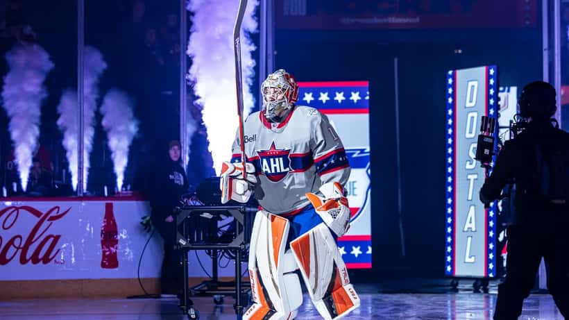 Lukas Dostal playing as goaltender in AHL All-Star game, in full protective equipment