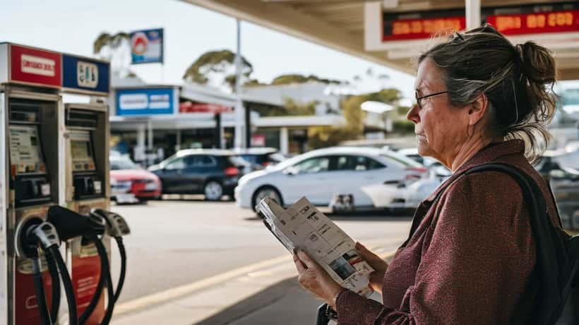 Australian woman at petrol pump looking stressed at high fuel prices during 2026 fuel crisis