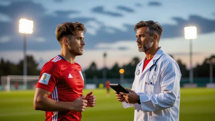 Footballeur en tenue d'entraînement avec un médecin sportif sur le bord du terrain