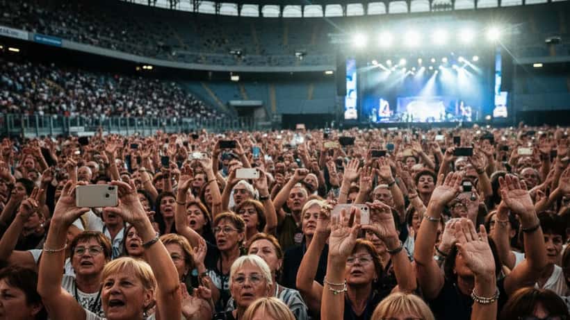 Folla di fan over 50 a un concerto allo stadio in estate con luci del palco sullo sfondo