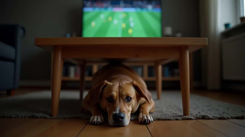 Rädd hund som gömmer sig under soffbord medan fotbollsmatch spelas på TV i bakgrunden