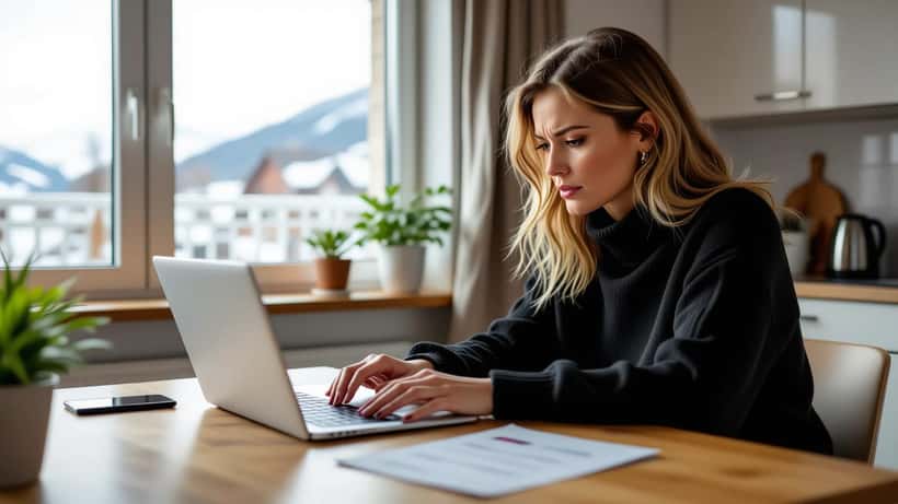 Kvinne prøver å si opp digitalt avisabonnement på laptop ved kjøkkenbordet