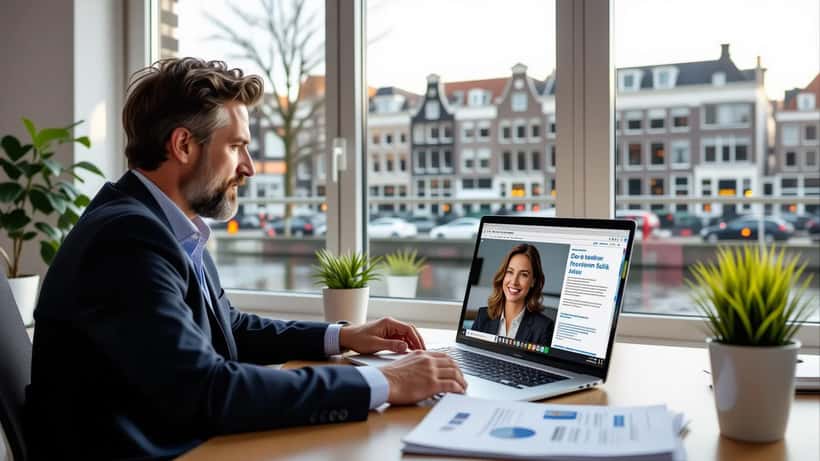 Advocaat in Amsterdam kantoor bestudeert laptop met AI-gegenereerde reclame, juridische documenten en EU AI-verordening op bureau
