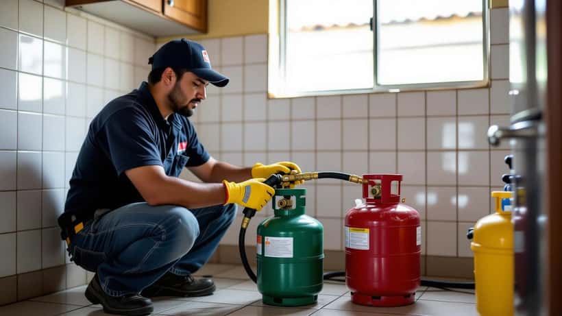Técnico de instalação de gás testando a conexão do botijão com água e sabão em uma cozinha em Manaus