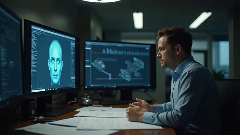 Abogado de entretenimiento revisando contrato con software de reconocimiento facial en pantalla